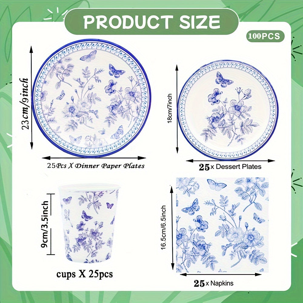 100 pieces of blue and white floral party supplies including dinner plates, dessert plates, napkins, and cups for bridal showers, weddings, tea parties, and birthday parties.