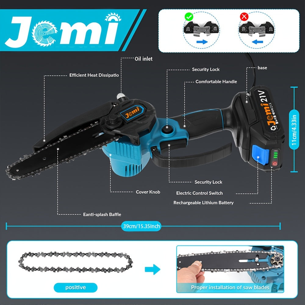 Jemi Mini Cordless Chainsaw with 15.24 cm chain, security lock, and automatic oiler. Battery-powered with manganese steel chain, includes 2 x 21V lithium batteries. Ideal for wood cutting