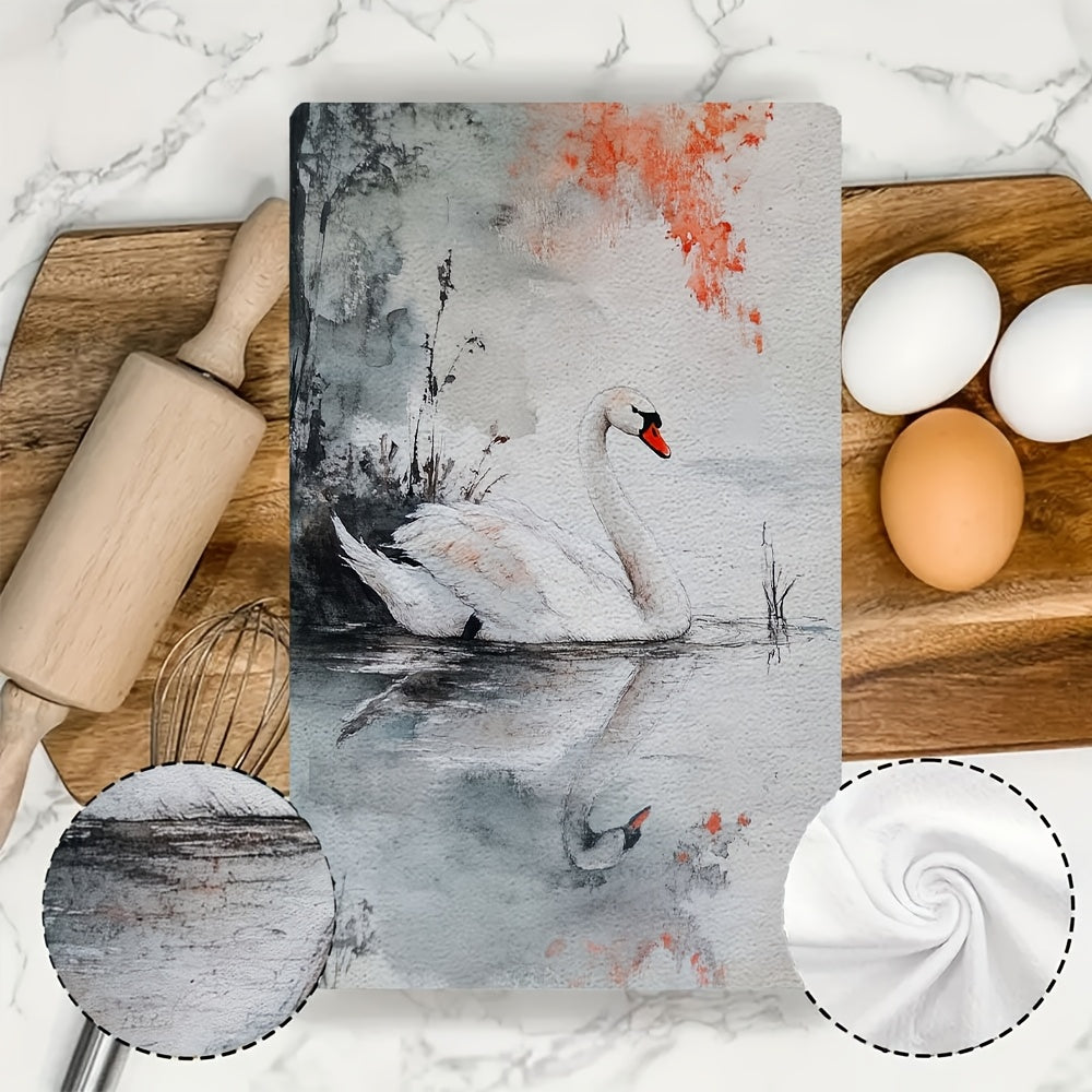 Set of 2 Ultra Soft Kitchen Towels featuring the Graceful Beauty of a Swan, Highly Absorbent Dish Hand Towels perfect for Holiday Decor, Machine Washable, Size 16x24 Inch - Model Number 2KYSYS1218563