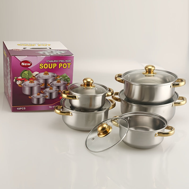 This Stainless Steel Cookware Set includes 10 pieces with lids, featuring Soup, Milk, and Sauce Pots in sizes ranging from 16.0cm to 25.4cm. Ideal for use in home kitchens.