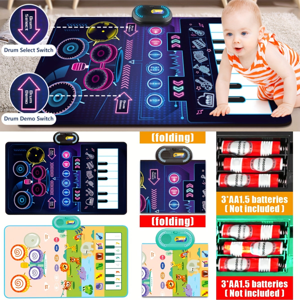 Interactive 2-in-1 Musical Play Mat & Drum Set for Youngsters - Educational Piano Keyboard Toy with Colorful Sound, Dual Instruments, Durable Polyester, Battery Operated, Random Colors