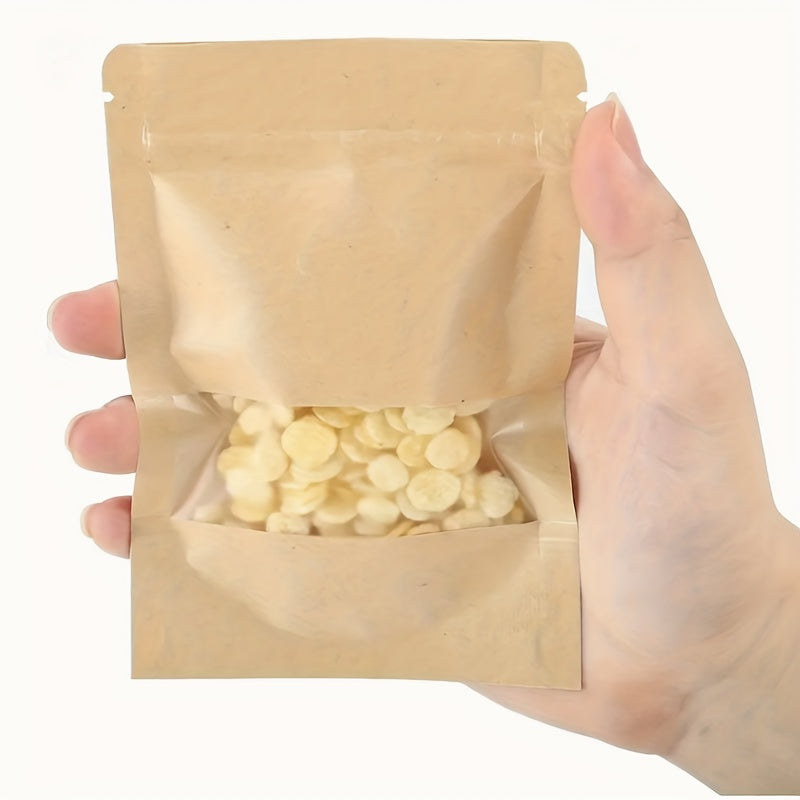 50/25 Waterproof Kraft Paper Stand Up Pouches with Window for Coffee, Resealable and Sealable for Home or Business Packaging.