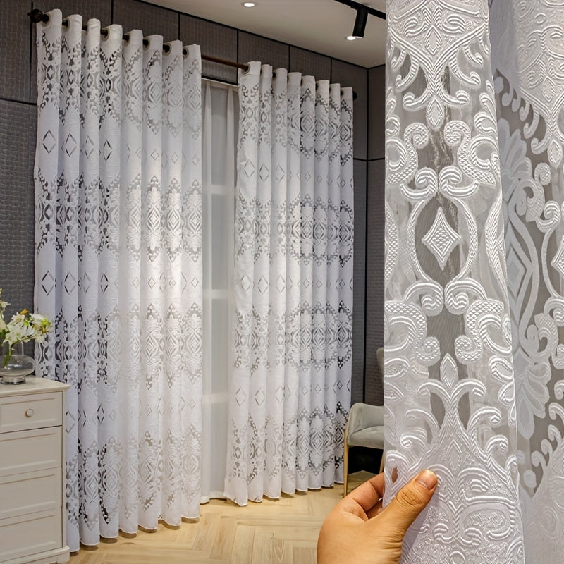 Art Deco Geometric Jacquard Sheer Curtains: Add a touch of elegance to your living room with these lightweight, unlined polyester drapes featuring a cutwork weave design. The grommet top and fashion theme make them a perfect all-season decorative panel