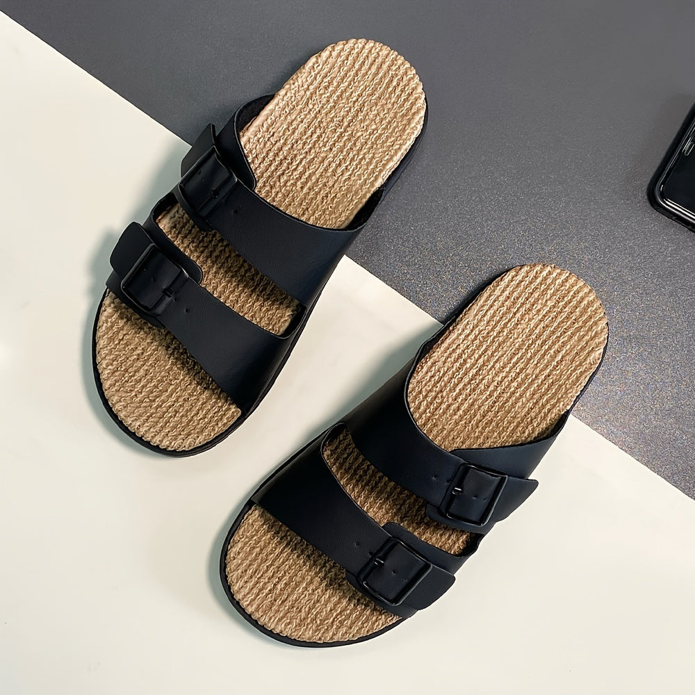 Vintage open toe slippers with non-slip double buckle straps for men.