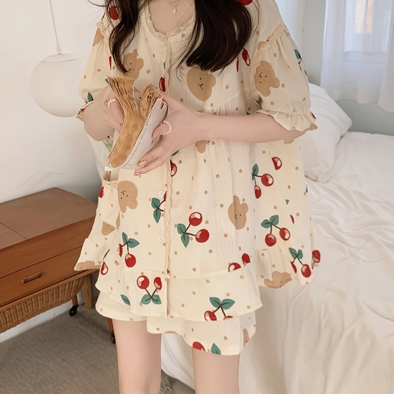 Cherry and Bear and Dot Print Lace Trim Pajama Set with Puff Sleeve Top and Elastic Shorts for Women.