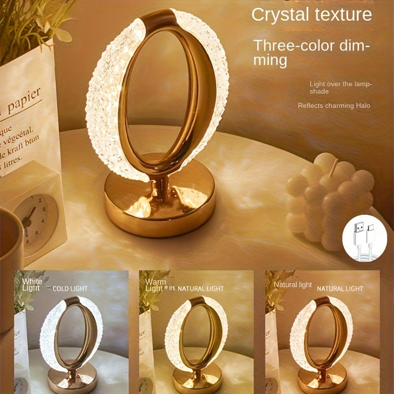 Elegant crystal desk lamp with touch control, adjustable color temperature, USB rechargeable, ideal for bedroom bedside lighting.