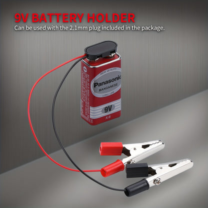 Battery Terminal Connector Set including 10pcs of Type I Plastic Hard Shell 9V Battery Buckles with 150mm Cable Length, 4 Crocodile Clips, and 2 DC Male Plugs.