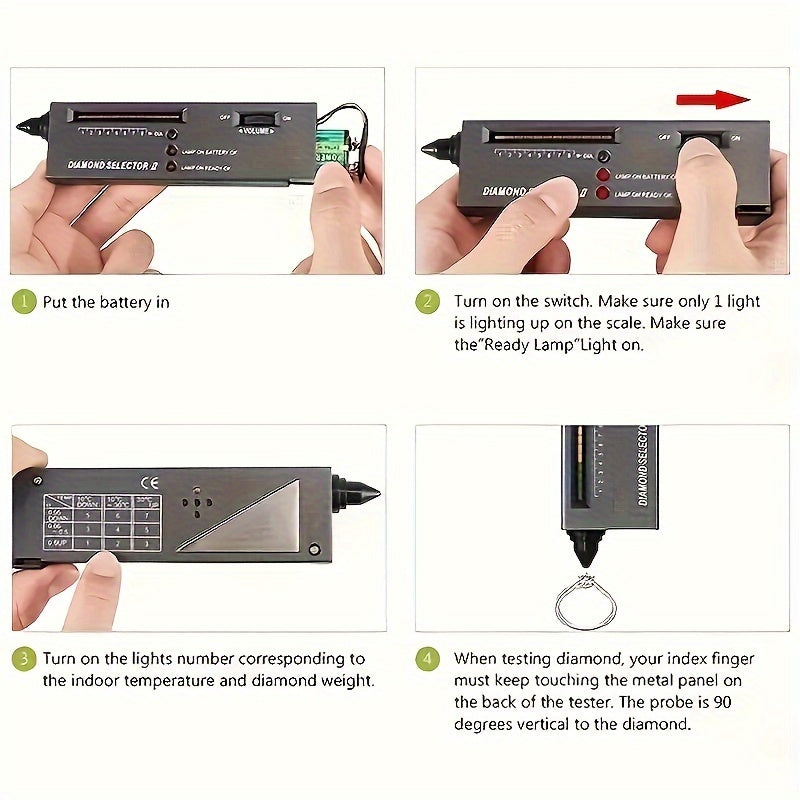 Diamond tester pen with high accuracy, tri-color indicator, and preheating function. Battery not included.