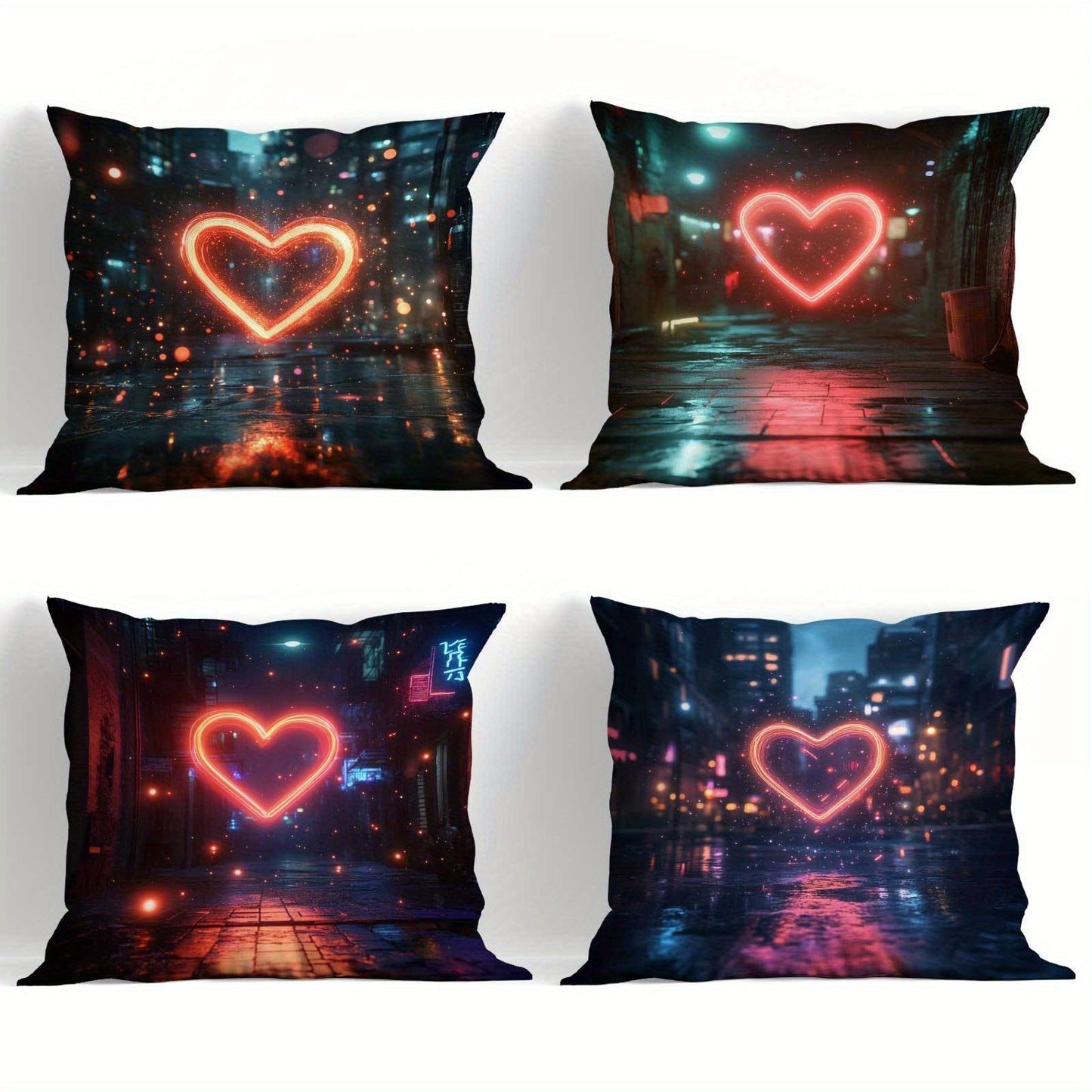 4 Urban Night Scene Heart Cushion Covers in Contemporary Fantasy Style made of Polyester with Zipper Closure. Easy to Machine Wash, providing All-Season Comfort for versatile sleeping positions. Suitable for use in Office, Bedroom, Balcony, Car, Sofa, or