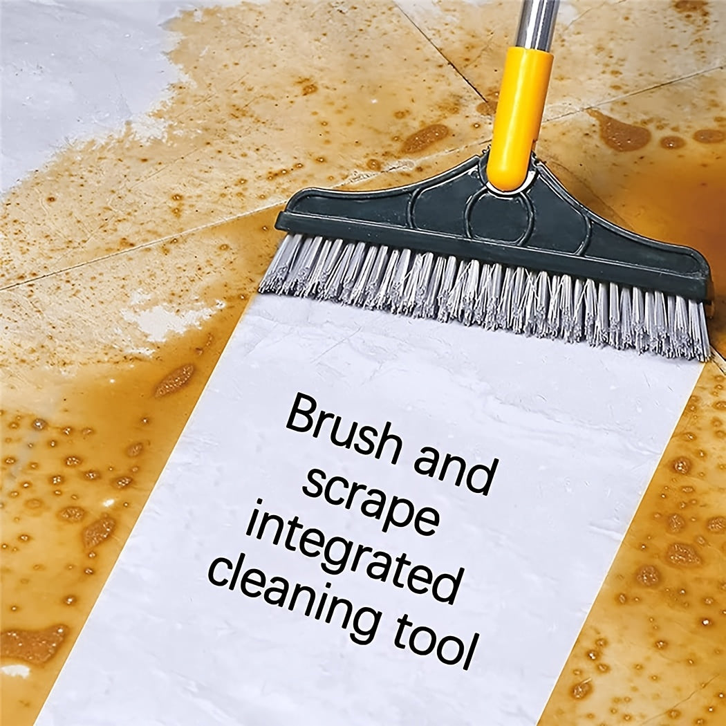 No electricity required! This 2-in-1 Multi-Surface Cleaning Brush features a long handle, 120° rotating scrubber, and squeegee. It is made of reusable plastic and metal, with a medium firmness for effective cleaning. Perfect for use in the bathroom