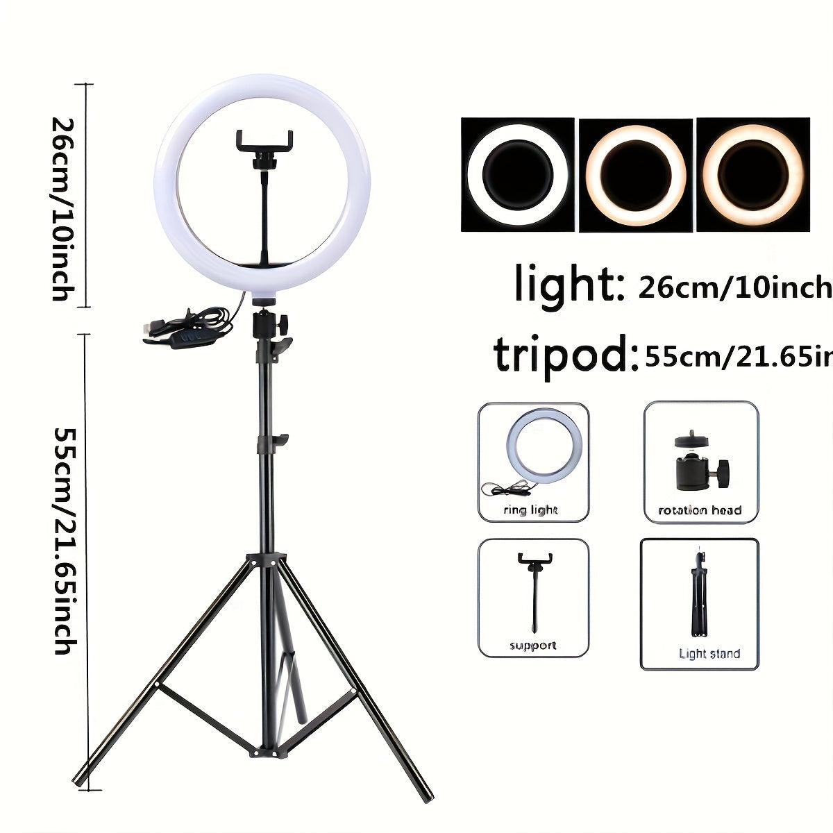 Selfie ring fill light pack with tripod stand and circular lamp for video shooting, studio photo, makeup, meetings, group selfies, and live streaming.