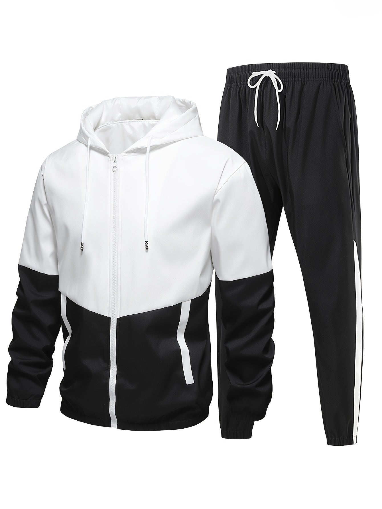 Men's sports casual suit with hooded jacket, shorts, and trousers for spring, autumn, and winter seasons in couple style with color blocking.