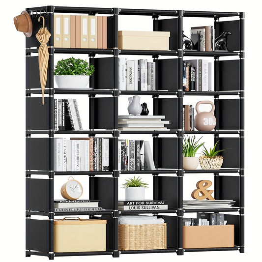 Basic bookshelf with 18 large storage boxes, ideal for bedroom or living room.