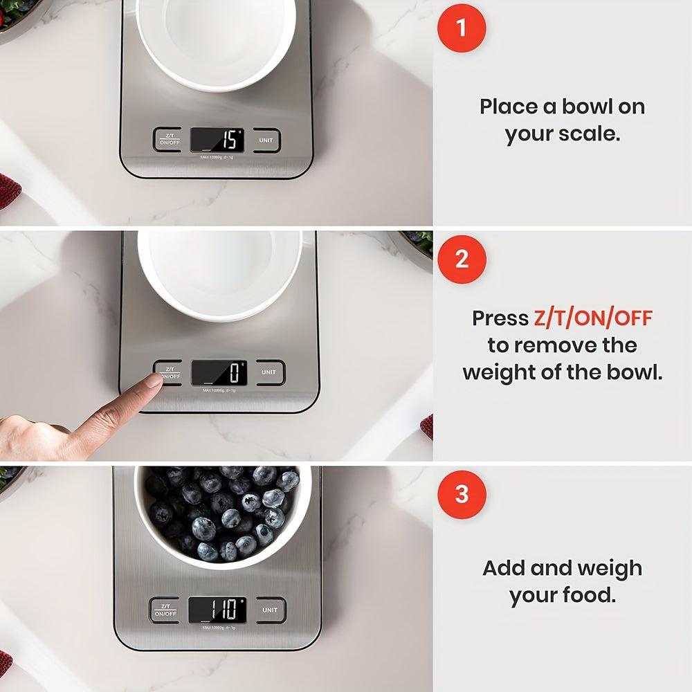 22lb/10kg capacity digital kitchen scale with grams & ounces display, tare function, stainless steel design, easy to clean. Ideal for baking, cooking, coffee weighing, and postage.