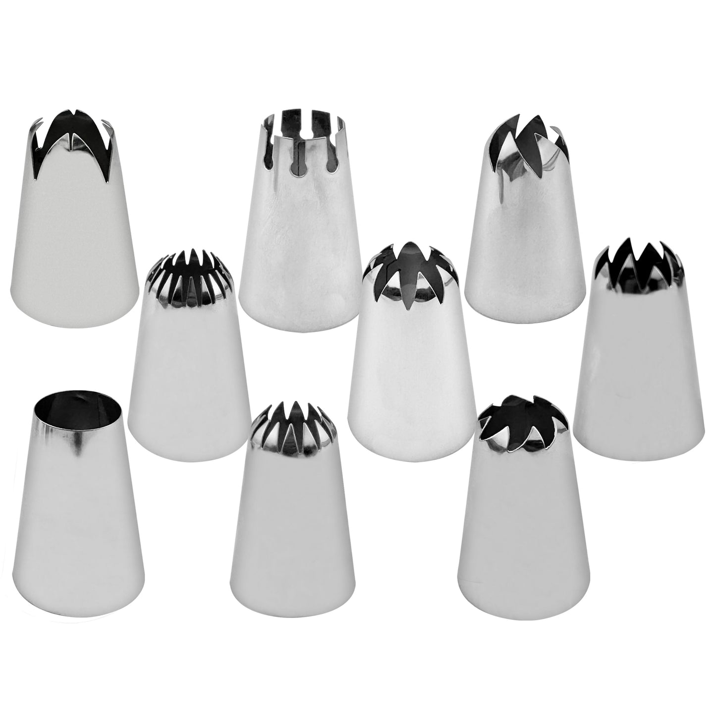 Set of 9 large stainless steel piping tips, perfect for decorating macarons, cakes, and cookies. These versatile nozzles are ideal for holiday baking, including Halloween, Christmas, Easter, Hanukkah, and Thanksgiving. Use these metal cupcake icing tools