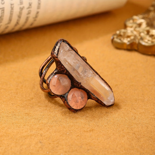 Handmade Vintage Copper Cuff Ring with Raw Quartz and Rose Quartz for Women - Adjustable and Electroplated in Bronze Tone - Perfect for Parties, Banquets, or Gifting