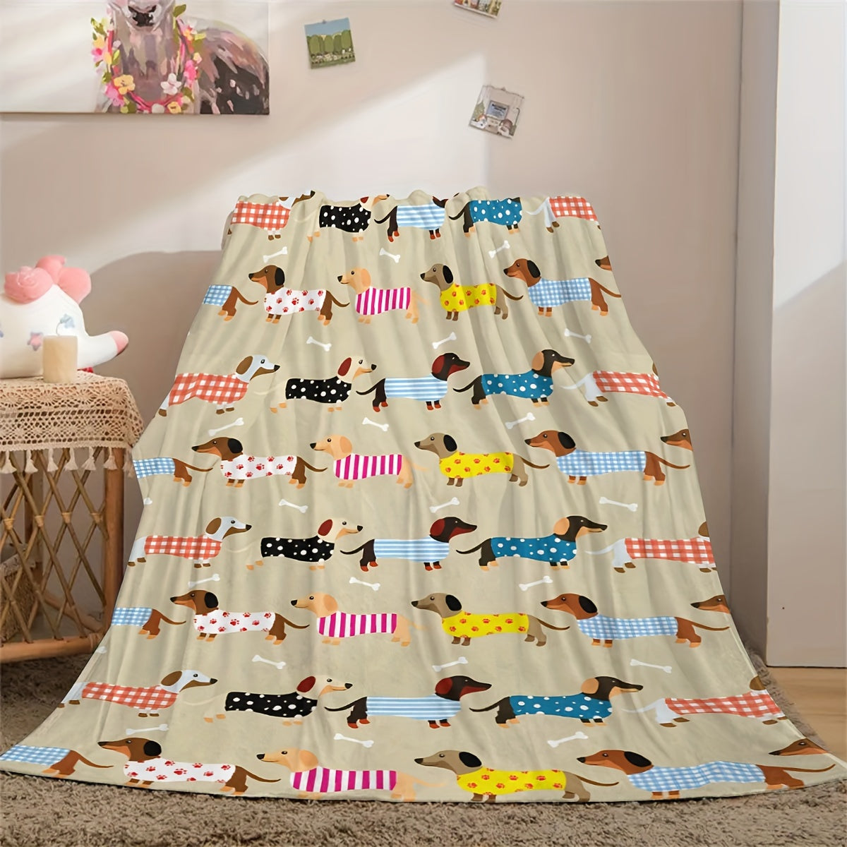 Stay cozy and comfortable with this stylish Dachshund Pattern Throw Blanket. Perfect for all seasons, this contemporary knitted polyester throw is stain-resistant and multipurpose. Featuring a digital print, it makes an ideal gift for dog lovers. Enjoy a