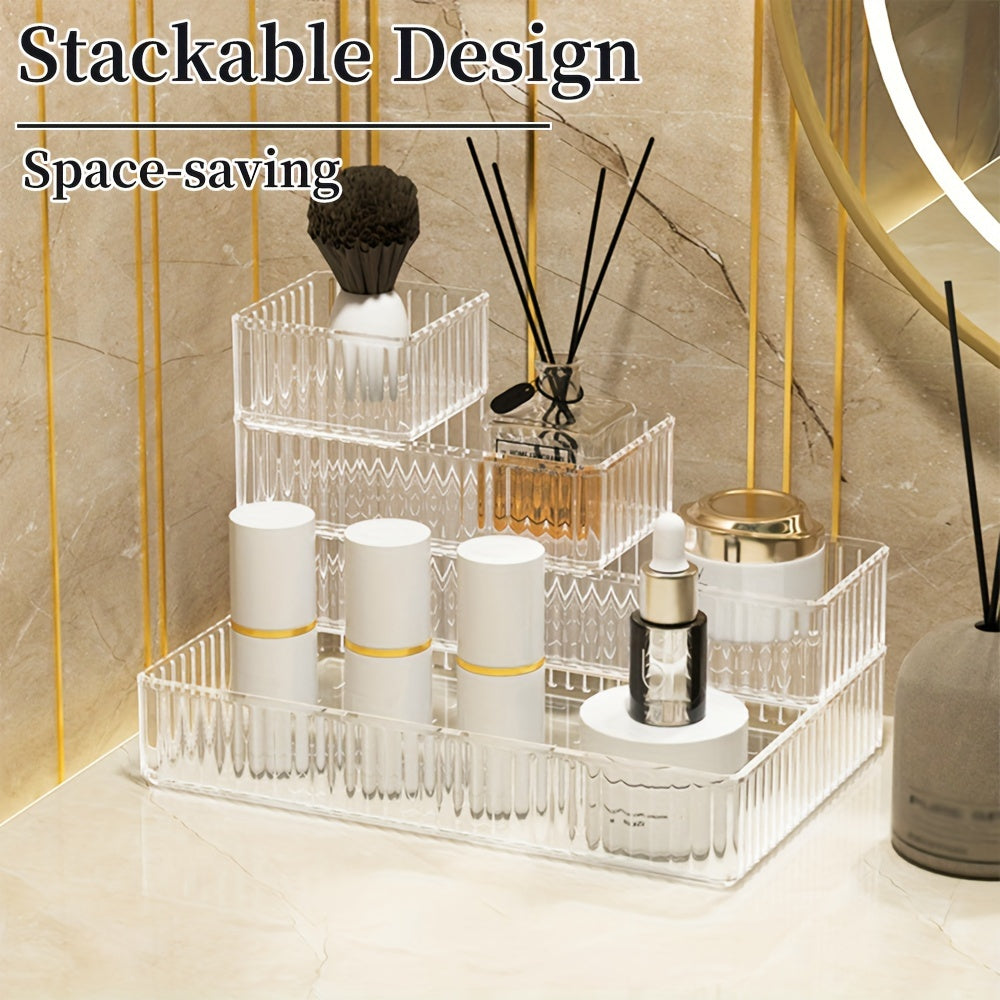 Stackable clear drawer organizer set in 4 sizes for versatile storage of makeup, skincare, stationery, and more. Perfect for bathroom vanity, kitchen, office, and bedroom. Great holiday