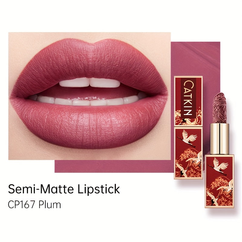 CATKIN Red Carving Matte Lipstick with Waterproof Long-Lasting Satin Finish for Smooth Red and Nude Lips.