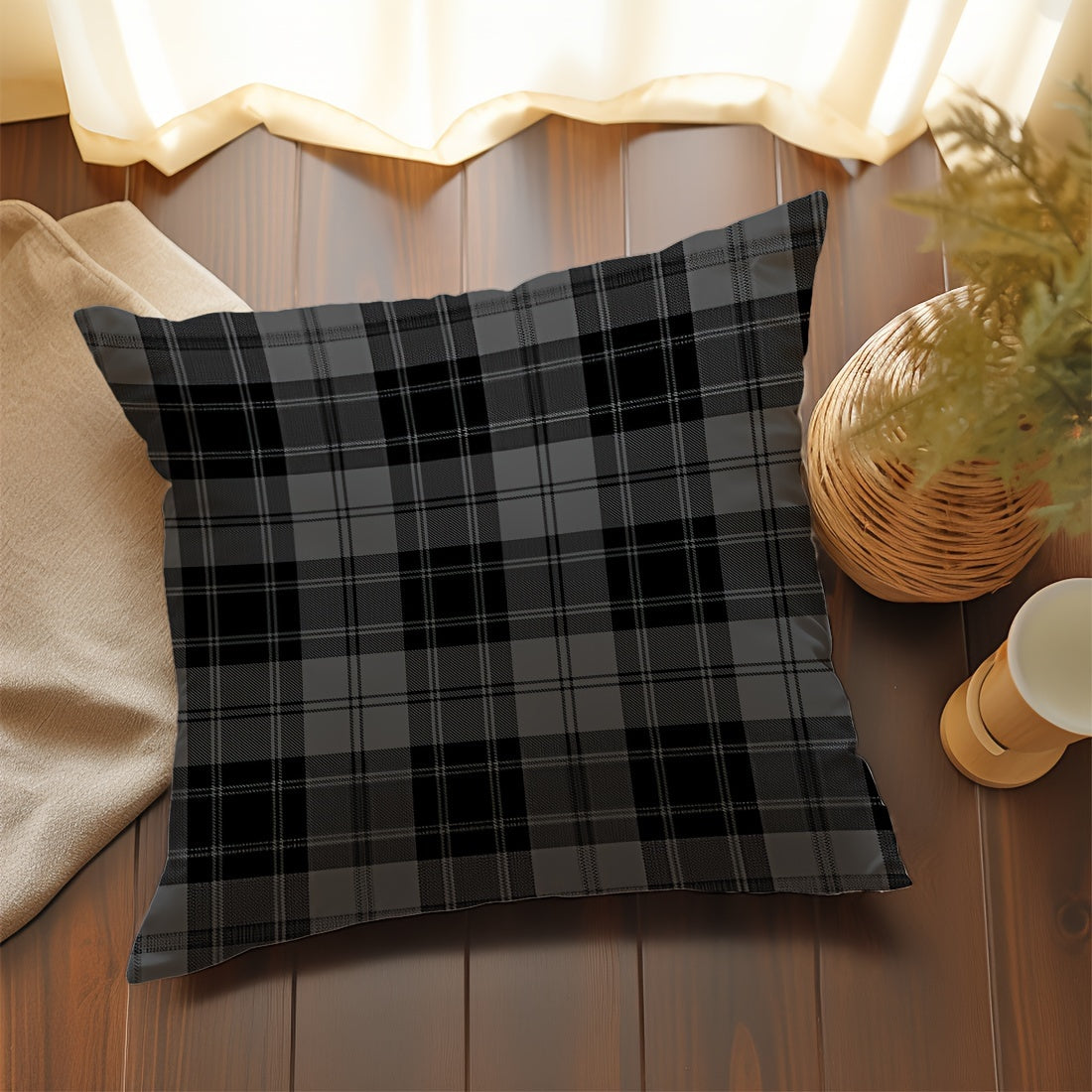 Grey and black plaid throw pillow cover made of peach skin velvet material measuring 45.72x45.72 cm. It features a dual-sided print, zip closure, and is machine washable. Perfect for adding a cute touch to your living room, bedroom, or car decor.