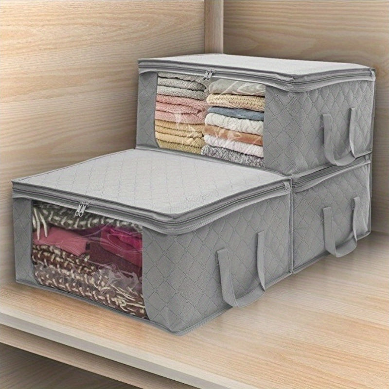 Clear-windowed fabric storage bins, stackable wardrobe organizers that are dustproof and foldable. These clothing storage boxes are sealed closet organizers for adult and teen apparel, ideal for home organization and as holiday gifts.