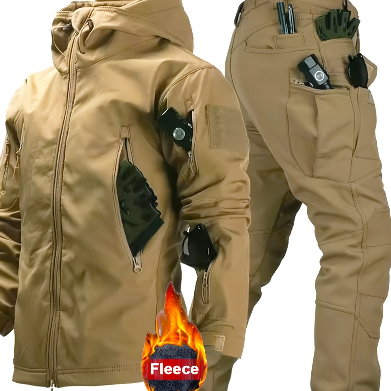 Men's tactical jacket and cargo pants set with fleece lining - perfect for outdoor activities in cold weather.