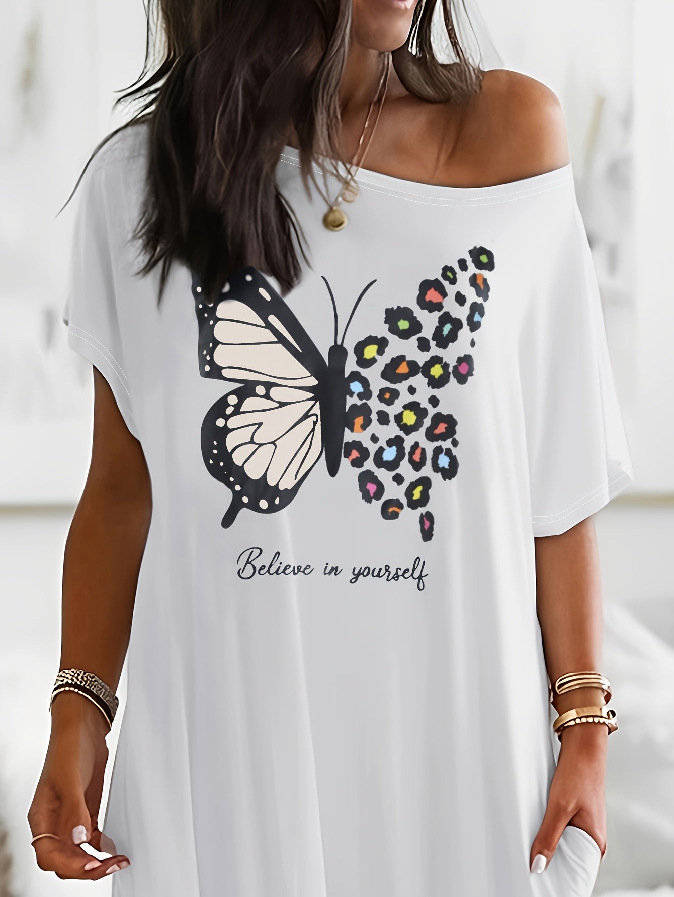 Butterfly print lounge dresses for women, crew neck short sleeve home dress, loungewear and dresses.