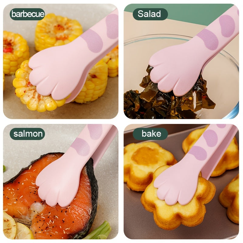 Cat paw shaped stainless steel tongs for various kitchen tasks.