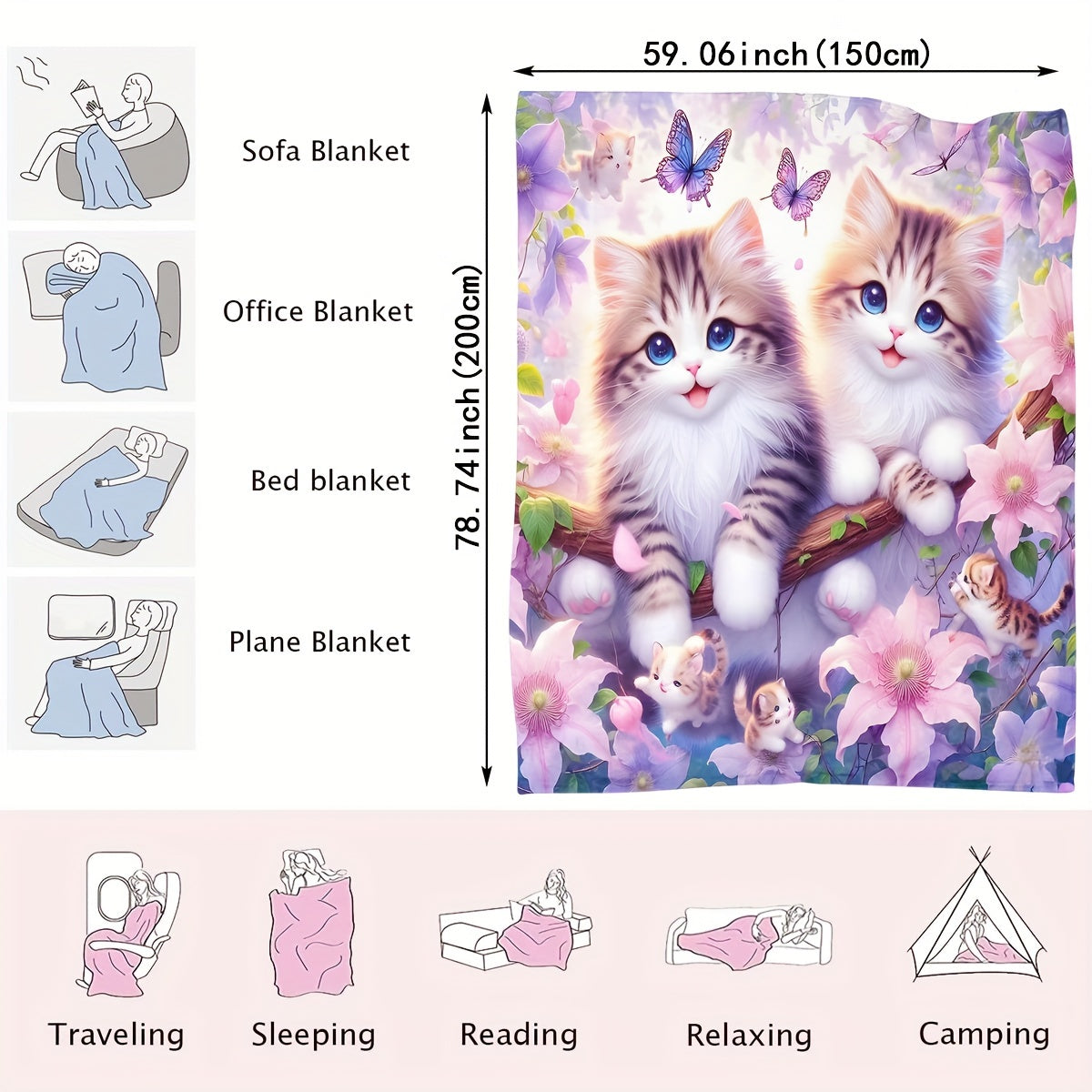 Soft and cozy plush throw blanket featuring a cute cat print design. Made of knitted flannel polyester, this all-season blanket is perfect for home, kitchen, bed, picnic, travel, and makes a great Christmas gift. With a contemporary style and weighing