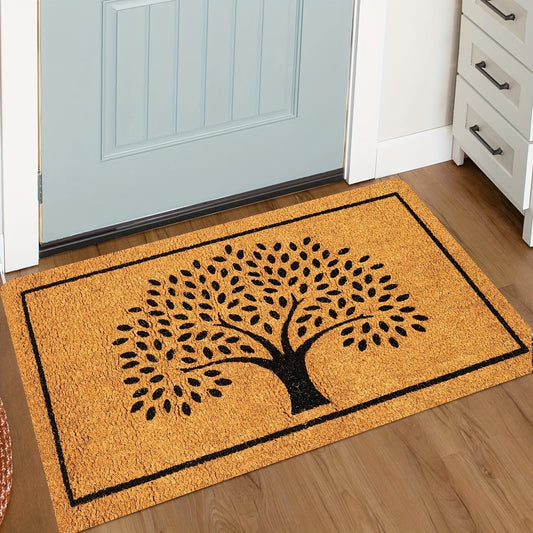 Machine washable non-slip polyester welcome doormat featuring a tree silhouette. Suitable for indoor and outdoor use, perfect for home, farmhouse, or bathroom entrances. Rectangular rug with a solid color and floral pattern design.