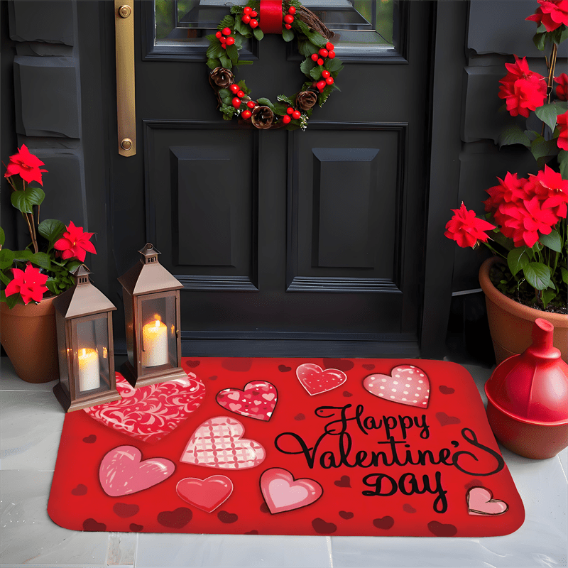 Valentine's Day Welcome Doormat in Love Theme, Crafted from Non-Slip Polyester Flannel, Easy to Wash in Machine, Resistant to Stains & Water, Low Pile Design, Machine-Made, Perfect for Entryways & Bathrooms, Ideal Valentine's Day Gift.