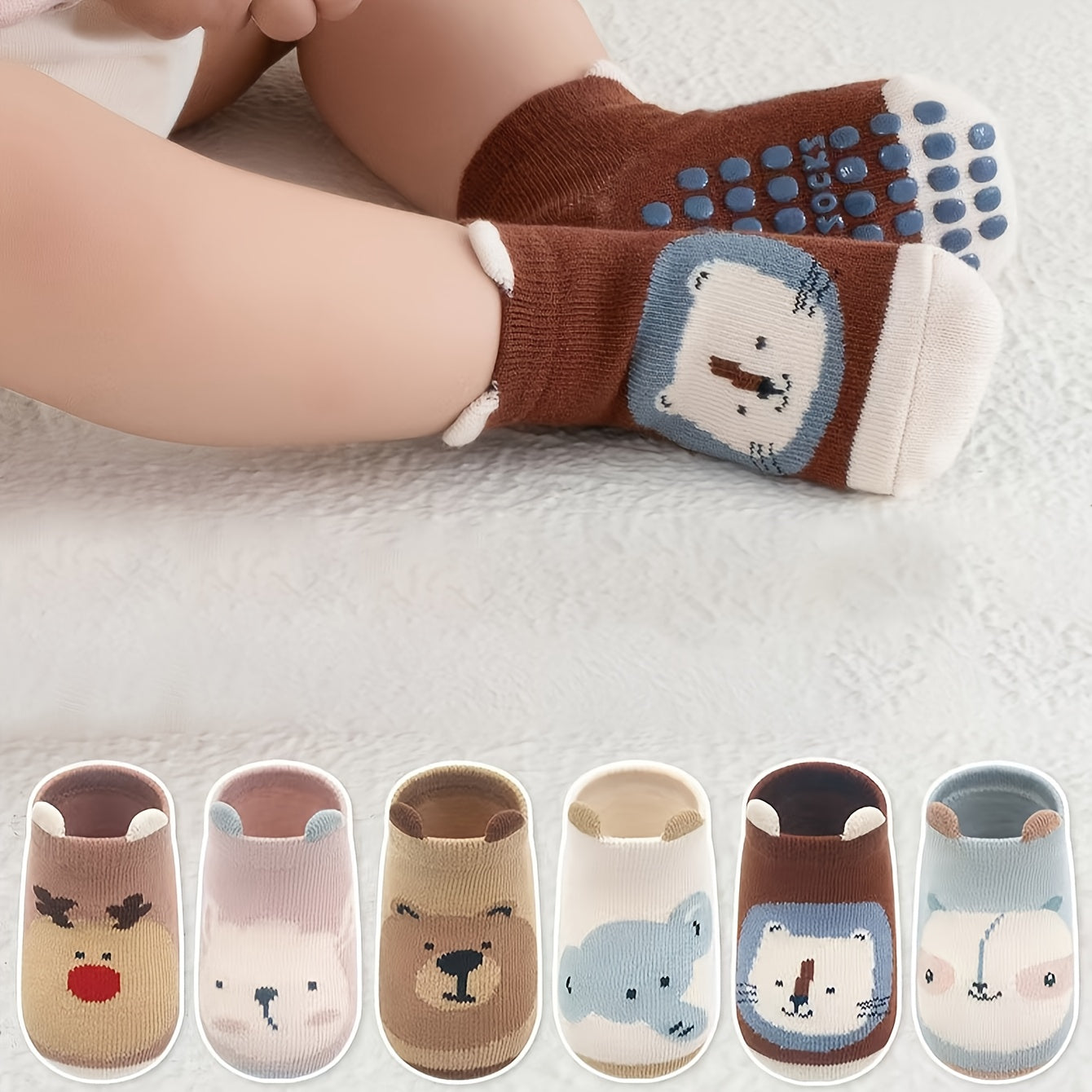 6 pairs of cute cartoon animal cotton blend non-slip kids socks with grip dots, perfect for all seasons.