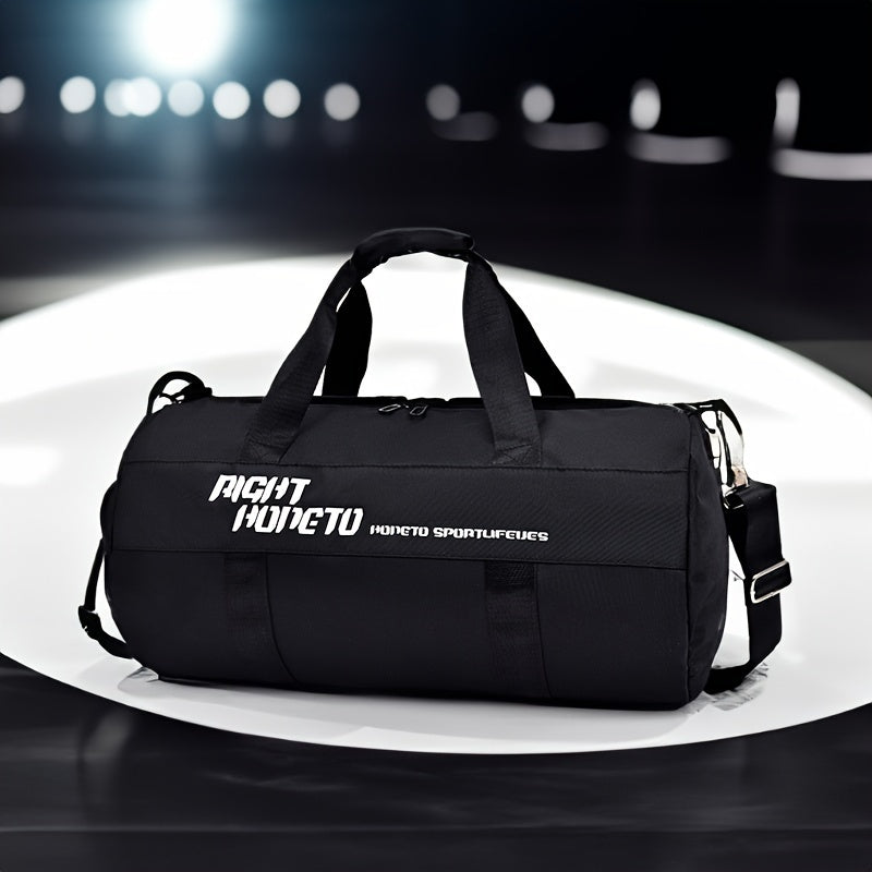 Large capacity gym duffel bag in durable nylon with wet/dry separation, zippered convenience. Available in black in large (48x27x27cm) and small (40x23x23cm) sizes.