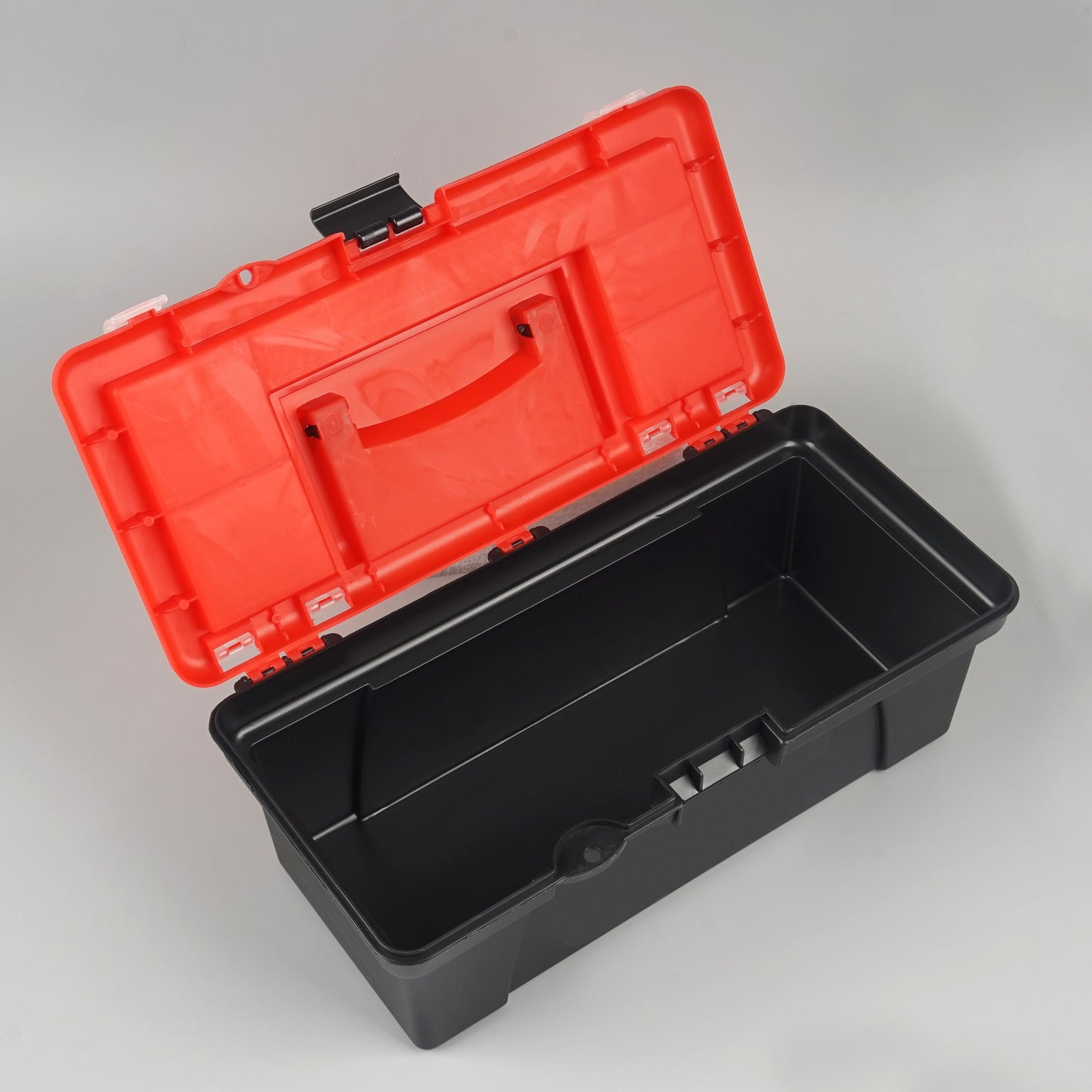 12-inch portable toolbox with top compartment, suitable for car repairs, electricians, and home use. Made of plastic, with screw storage and hand-carry feature.