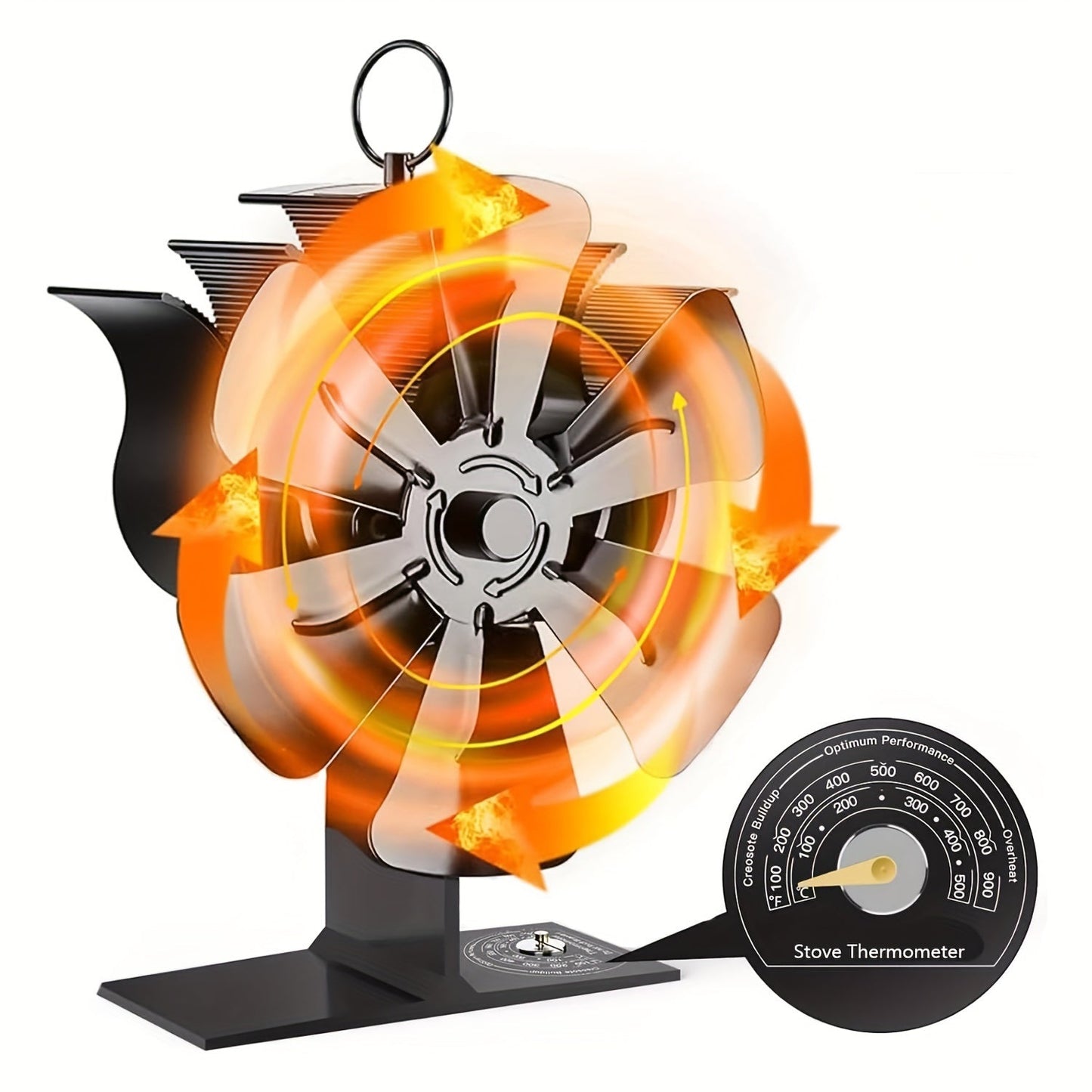 Aluminum 8-Blade Fireplace Stove Fan with Thermometer and High-Speed Polished Finish - No Electricity Required, Silent Operation, Ideal for Wood Burning Fireplaces and Stoves in Winter, Not Suitable for Soapstone/Pellet Stoves.