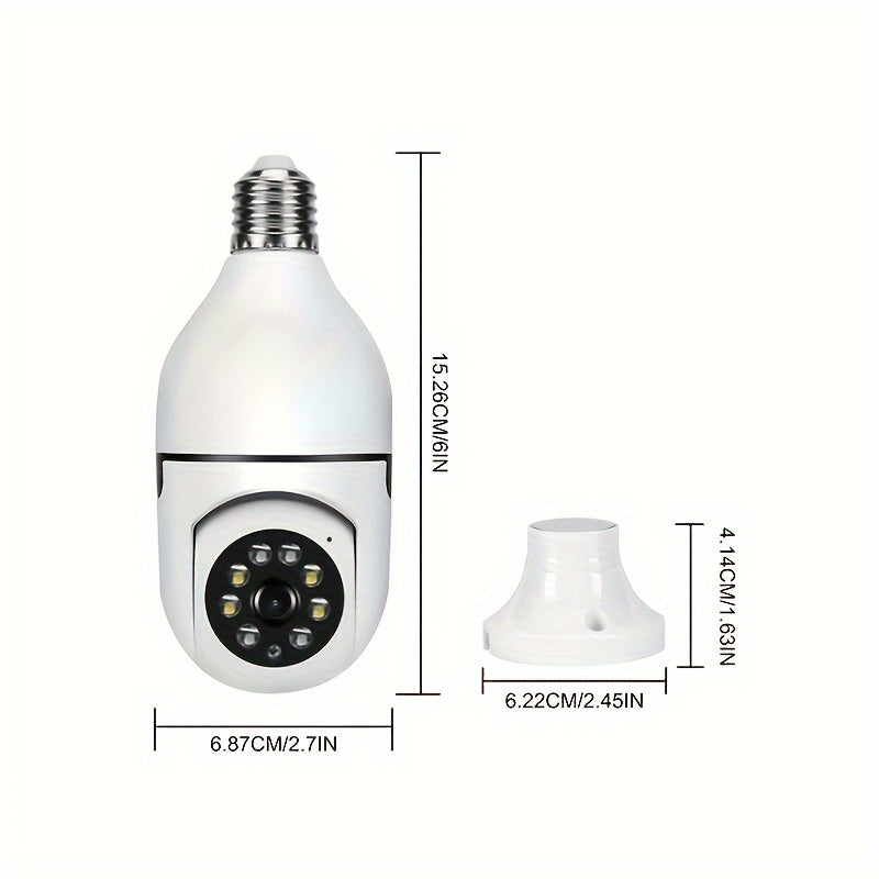 This is a 1080P 2.4GHz socket safety camera with a bulb design that can rotate 355 degrees. It can be used indoors and outdoors and supports full-color viewing during both day and night. The camera also features motion detection, alarms, and two-way