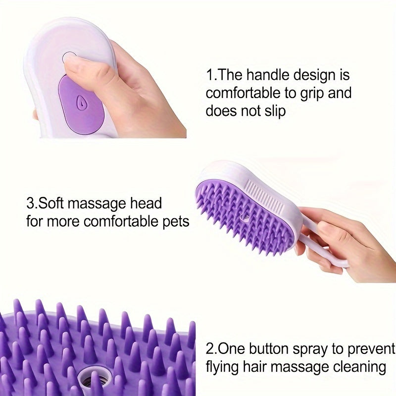 3-in-1 USB rechargeable steam pet brush for grooming with silicone bristles, suitable for long and short hair.