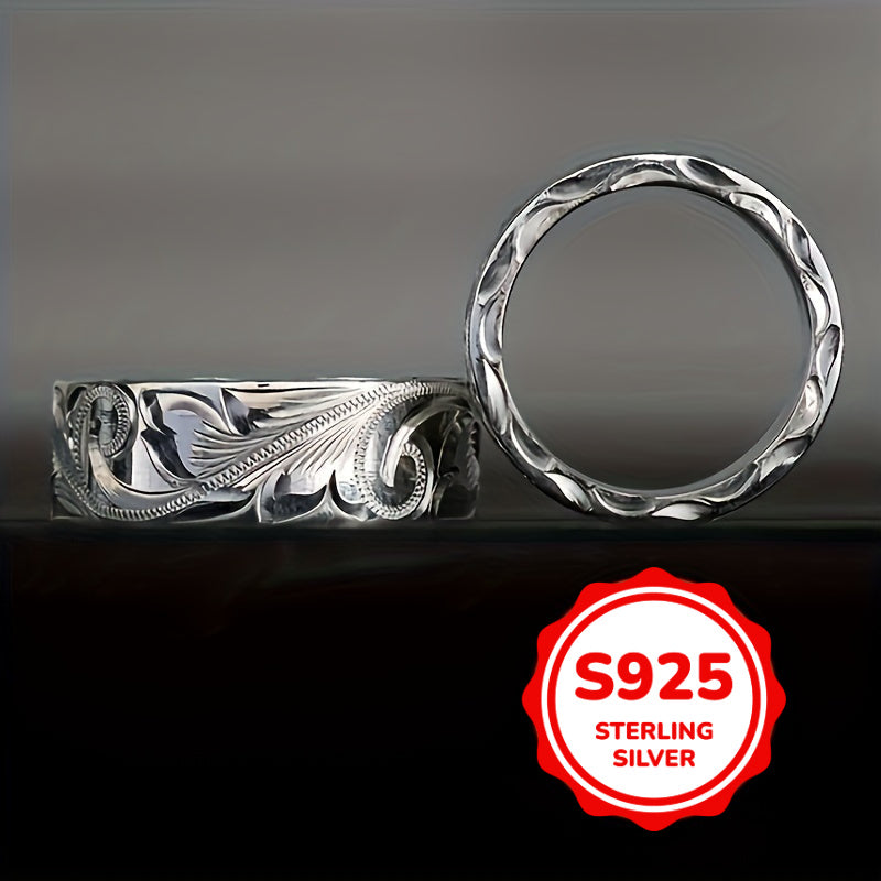 Vintage Bohemian wide ring with carved leaf flower design in S925 pure silver, a exquisite gift.