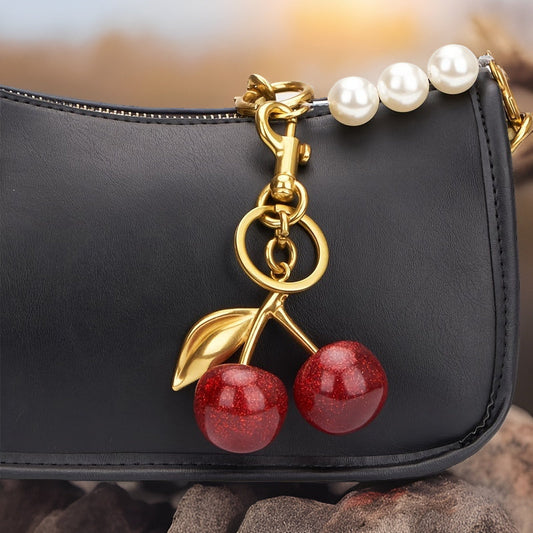 Glistening Cherry Fruit Keychain - Made of Alloy with Resin Pendant, featuring a Food-Inspired Circular Design, Adjustable C-Hook Clasp for Women's Purses & Handbags.