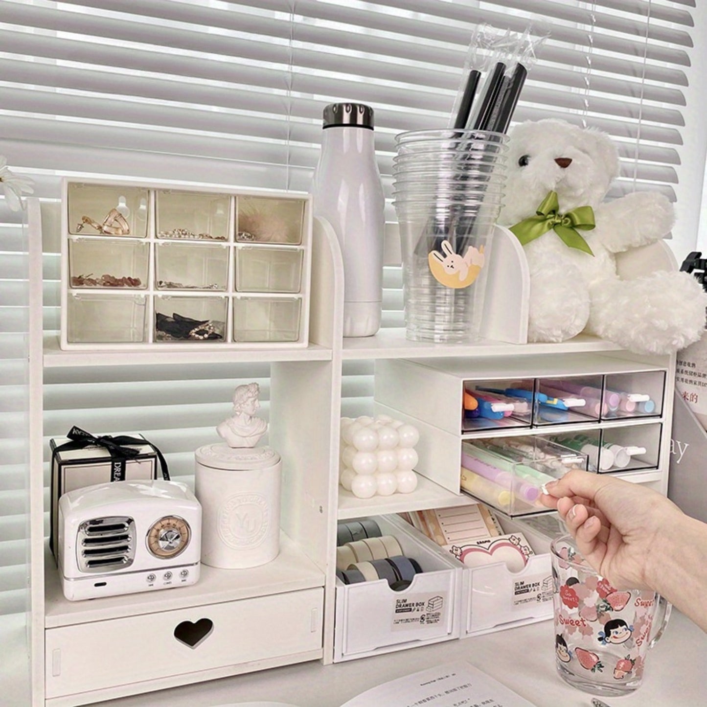 Wooden desk organizer with drawers for storage of books, stationery, and supplies. Ideal for office, school, or bedroom use.