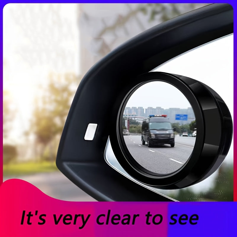 2pcs adjustable wide-angle round rearview mirrors for vehicle safety, made from ABS material with convex lens and blind spot mirror.