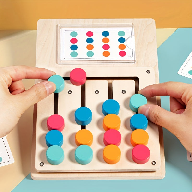 Wooden educational game for youngsters, promoting strategic thinking development and color recognition through four-color card matching. Features vibrant red, green, blue, and yellow pieces.