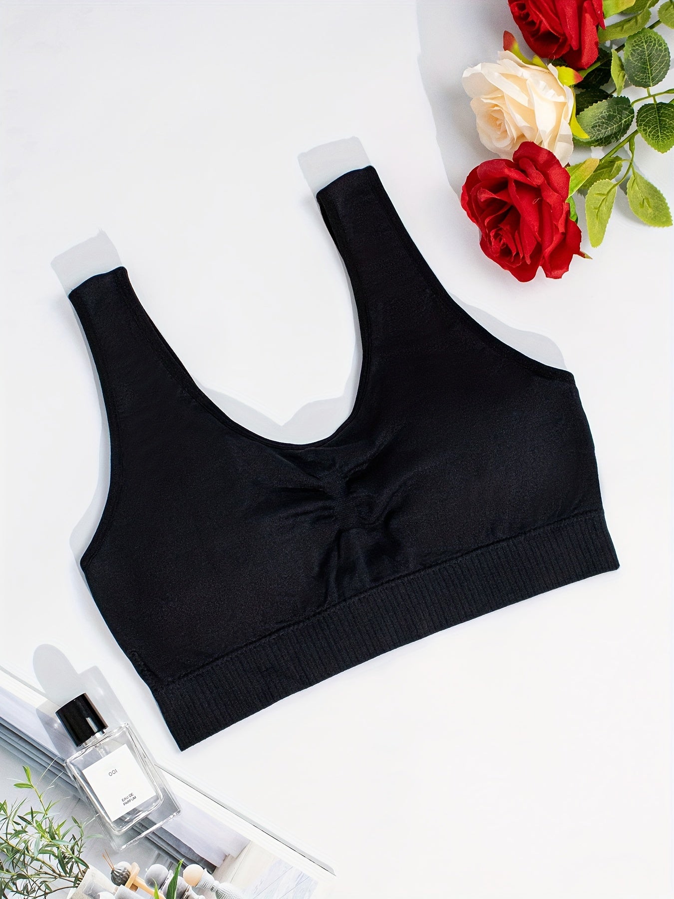 1 set of solid color seamless stretch wireless sports bra and black underwear for women, including lingerie.