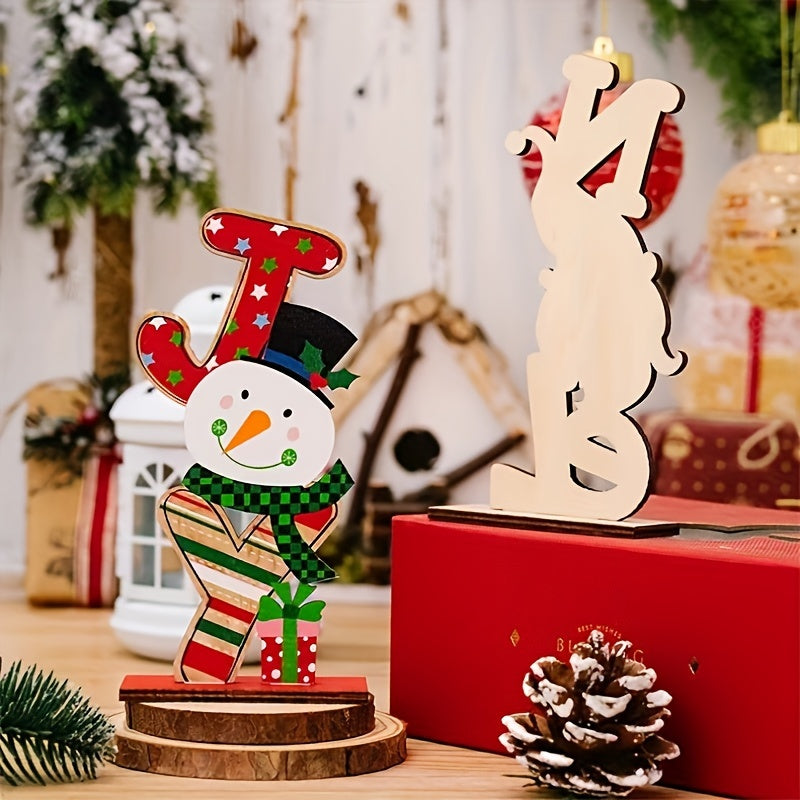 Wooden letter ornaments with Santa, snowman, and gnome designs for Christmas decoration in classic style. Made of manufactured wood, suitable for holiday decor, prom, or general use. Features an animal theme with various hanging shapes.