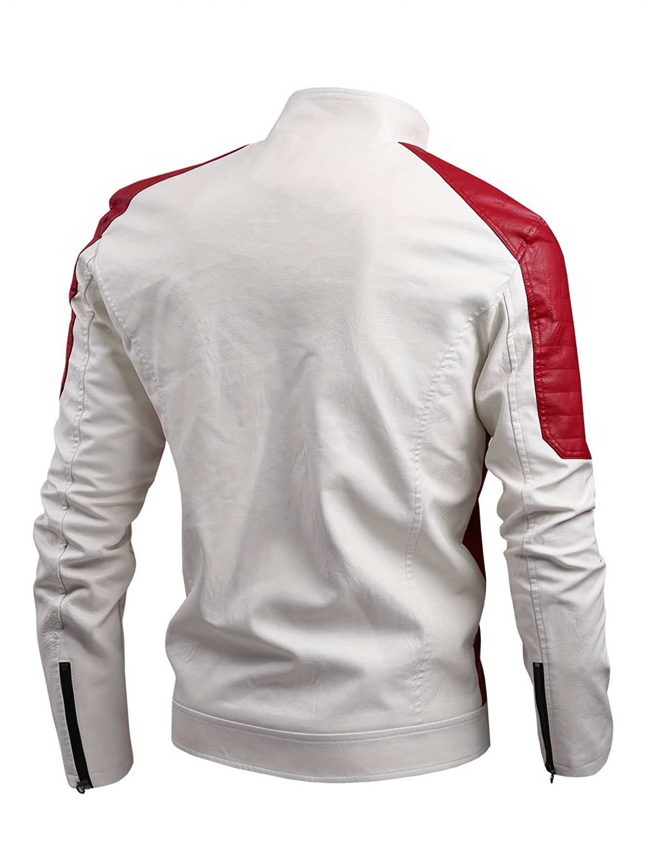 Men's Slim-Fit Color Block Jacket with Stand Collar, Zipper, Multiple Pockets, White & Red Design for Fall/Winter/Autumn.