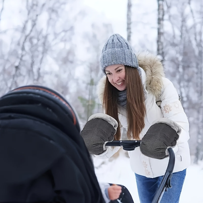 Keep your hands warm and dry this winter with our waterproof stroller hand muffs. These windproof plush fleece lined gloves are designed to keep your hands cozy while pushing your stroller in cold weather. Perfect for adults, these mittens provide frost