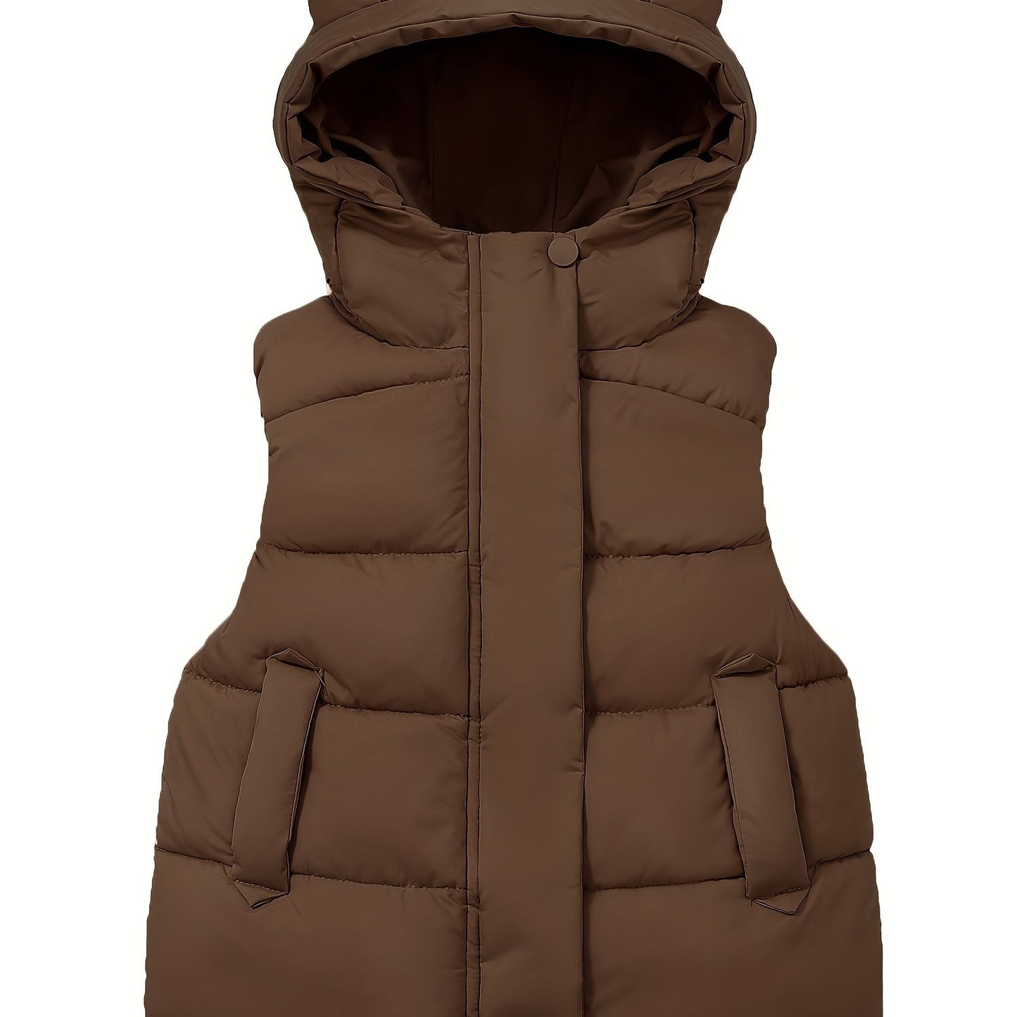 Cozy boys' winter vest in brown, sleeveless with zipper pockets, machine washable, ideal for cold weather.