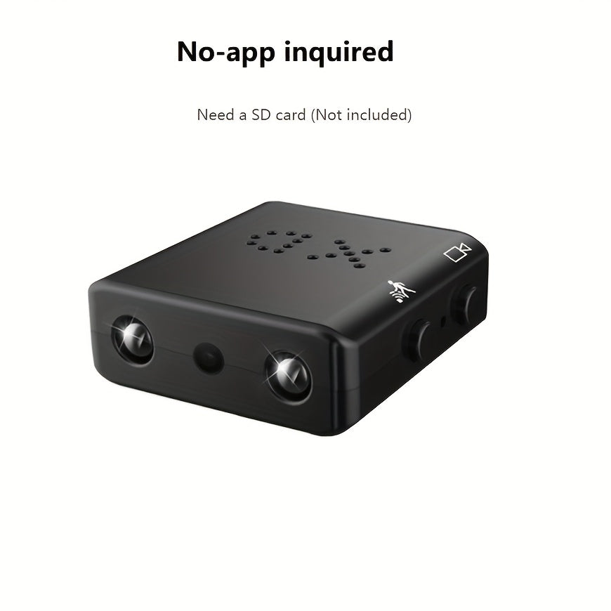 Mini camera with night vision, motion detection, and loop recording.