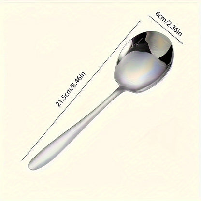 High-quality stainless steel soup spoon ideal for home use with deep bowl and thick construction.