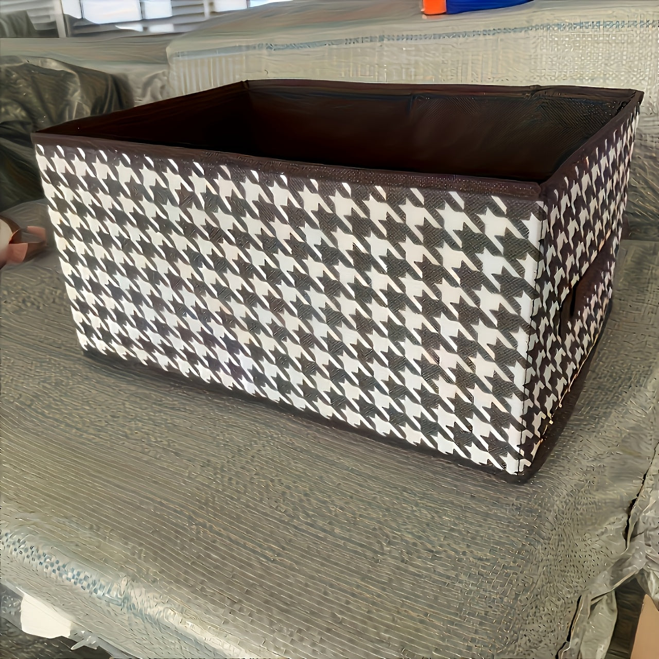 6 large folding storage bins in houndstooth fabric for clothes, toys, and trunk organization.